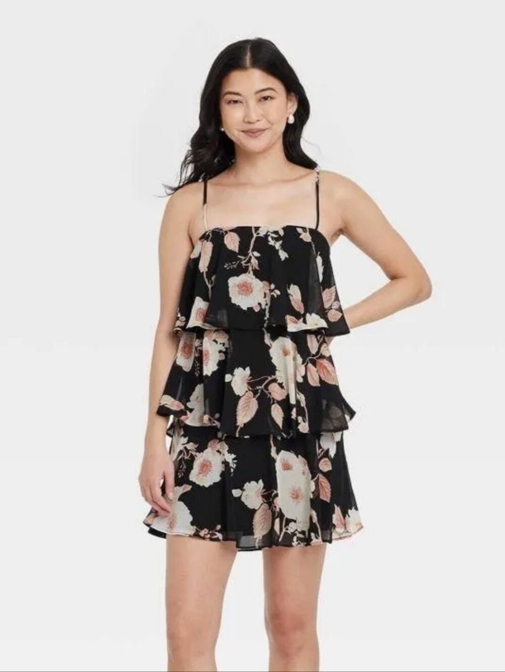 a new day Black Tiered Mini Dress with Blush Floral Print